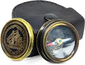 -Vintage Brass Compass with Decorative Ship Design and Leather Case Black - Compact 1.5-Inch Size