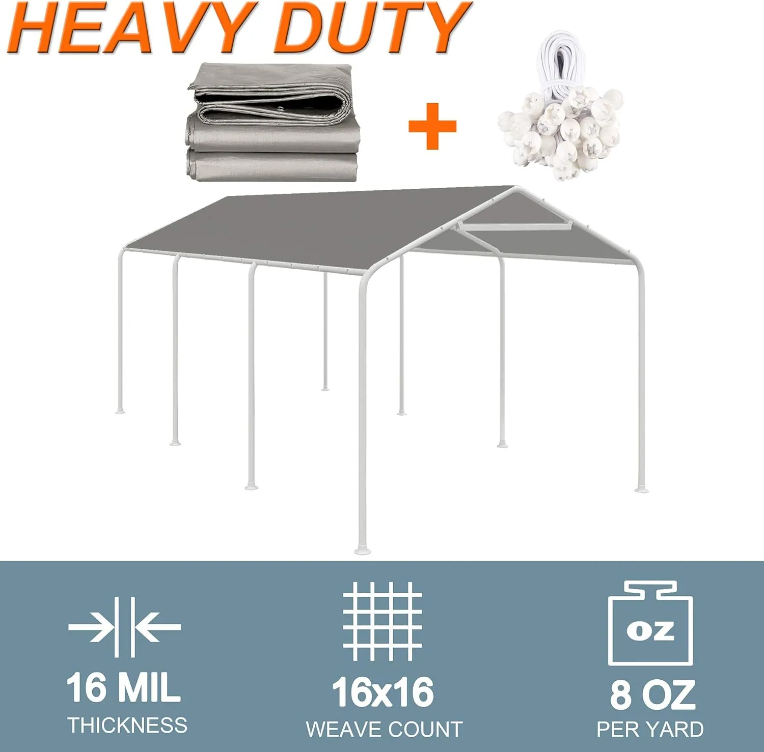 10 x 20 Ft Carport Replacement Canopy Cover Garage Top Tent Shelter Tarp with Free 44 Ball Bungee Cords,Grey(Only Cover, Frame Not Include)
