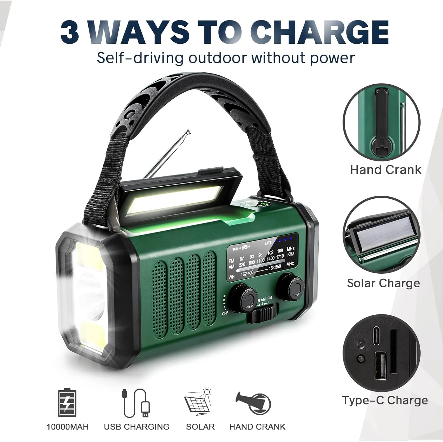 10000mAh Hand Crank Emergency Radio, NOAA Weather Radio with AM/FM & solar Radio, Rechargeable Battery, Flashlight & Reading Light, SOS Alarm, Compass Cell Phone Charger for Indoor Outdoor Emergencies
