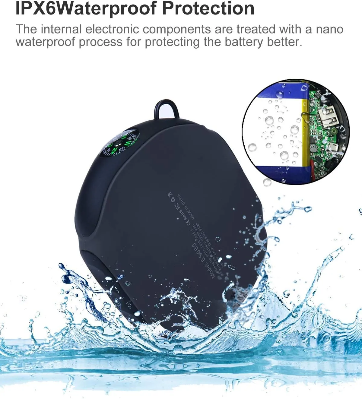 10000mAh Waterproof Power Bank, High Speed Outdoor Waterproof Portable Charger, with Compass and Flashlight Features External Battery for Android iPhone iPad Galaxy-Black