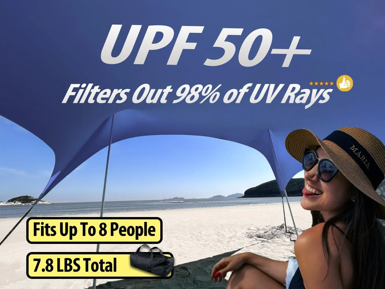 10×10ft UPF50  Beach Tent Sun Shelter, Windproof Stable Outdoor Pop Up Beach Shade Canopy for Camping, Fishing, Backyard Fun or Picnics, 2 Poles