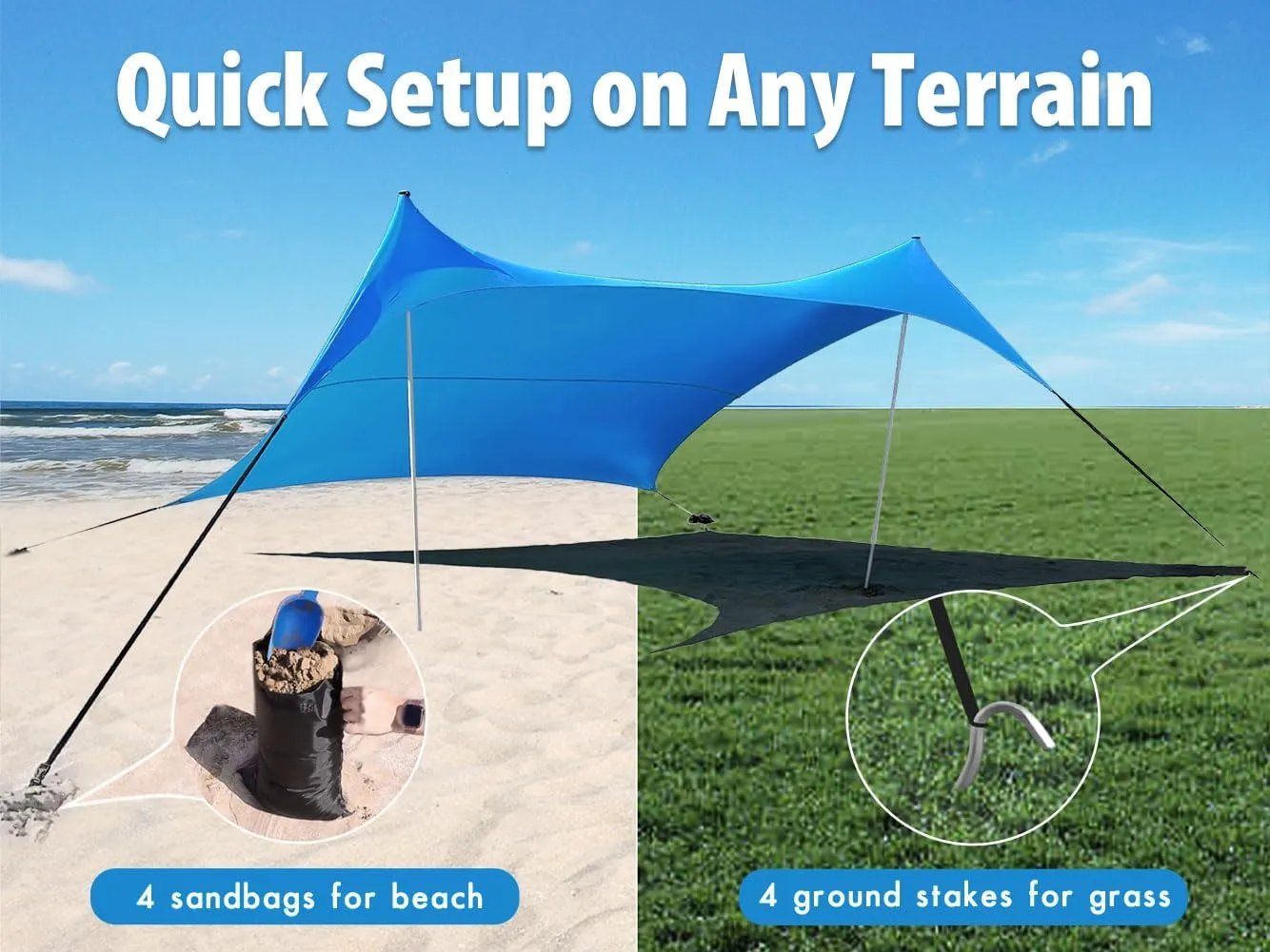 10×10ft UPF50  Beach Tent Sun Shelter, Windproof Stable Outdoor Pop Up Beach Shade Canopy for Camping, Fishing, Backyard Fun or Picnics, 2 Poles