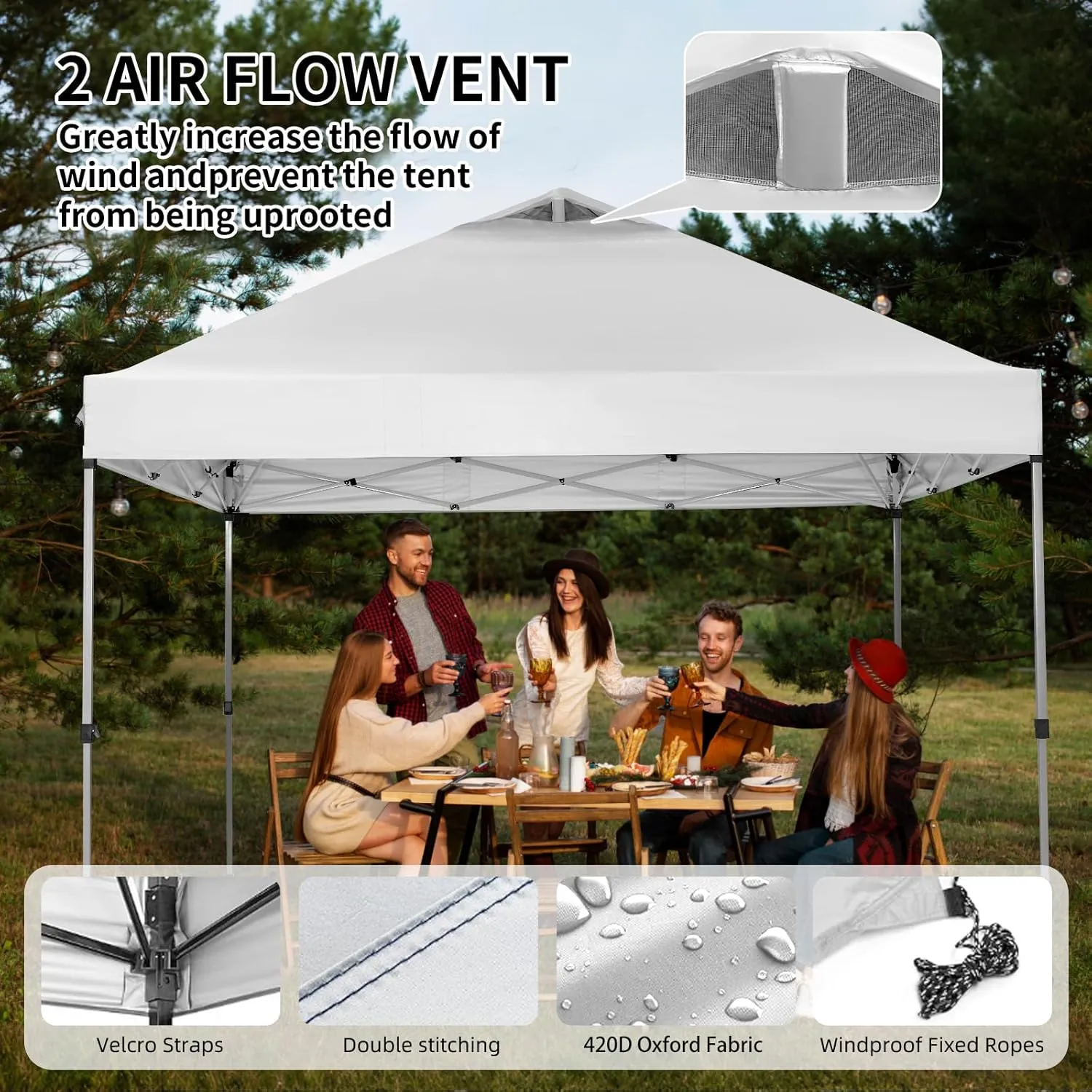10x10 Canopy Replacement Cover, Pop Up Tent with Air Vent for Straight Leg Frame, Waterproof with Windproof Ropes for Garden Patio Camping (Top Only) (White)