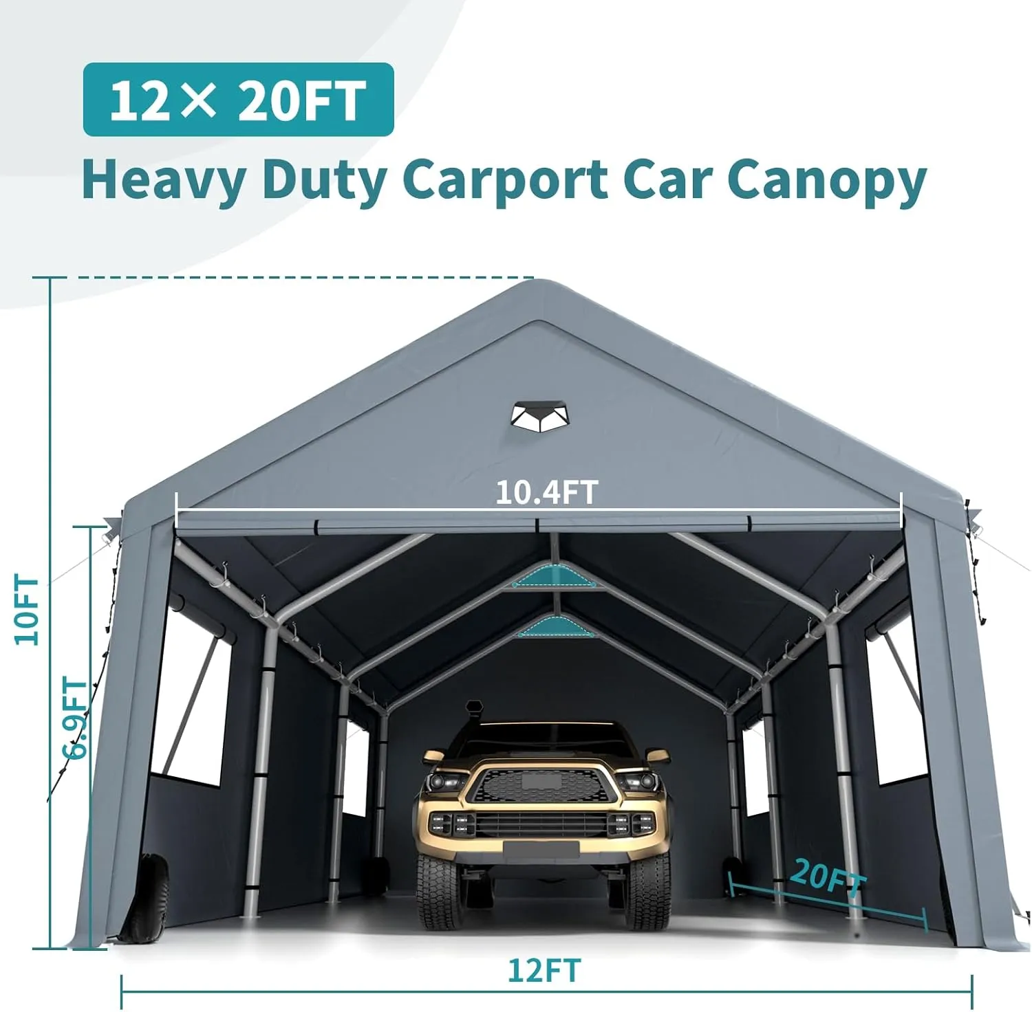 12x20FT Heavy Duty Carport Canopy,Extra Large Portable Car Tent Garage with Roll-up Windows and All-Season Tarp Cover,Removable Roof &Side Walls for Car, SUV,Boats&Truck Shelter Logic Storage