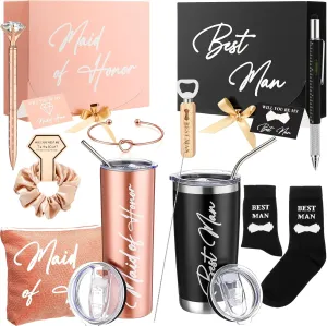 13 Pcs Bridesmaid and Groomsmen Gifts Set Maid of Honor Proposal Gift Boxs Groomsmen Gift Boxs Wine Tumbler Makeup Bag Socks Cards Hair Tie Bracelet Keychain Pen for Women Men Wedding Party