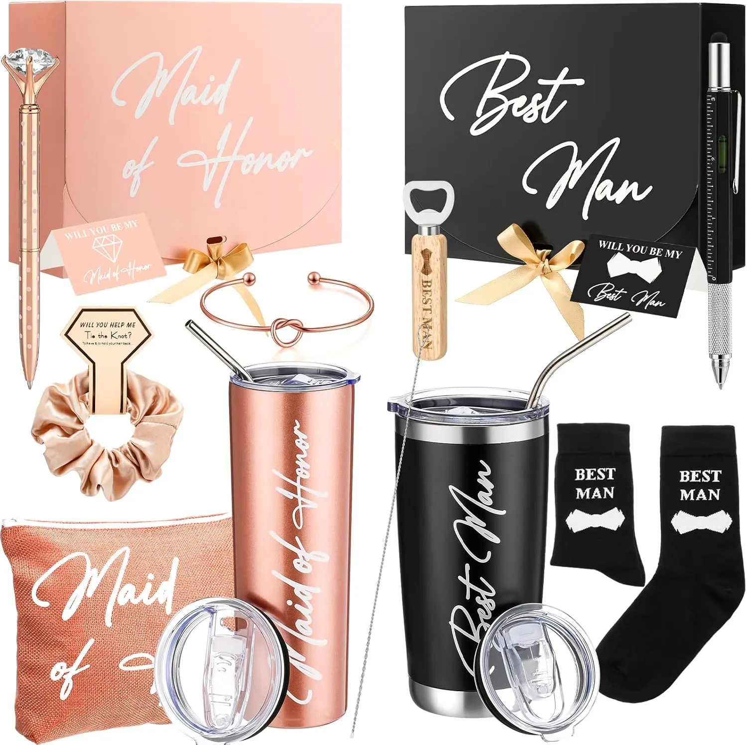 13 Pcs Bridesmaid and Groomsmen Gifts Set Maid of Honor Proposal Gift Boxs Groomsmen Gift Boxs Wine Tumbler Makeup Bag Socks Cards Hair Tie Bracelet Keychain Pen for Women Men Wedding Party