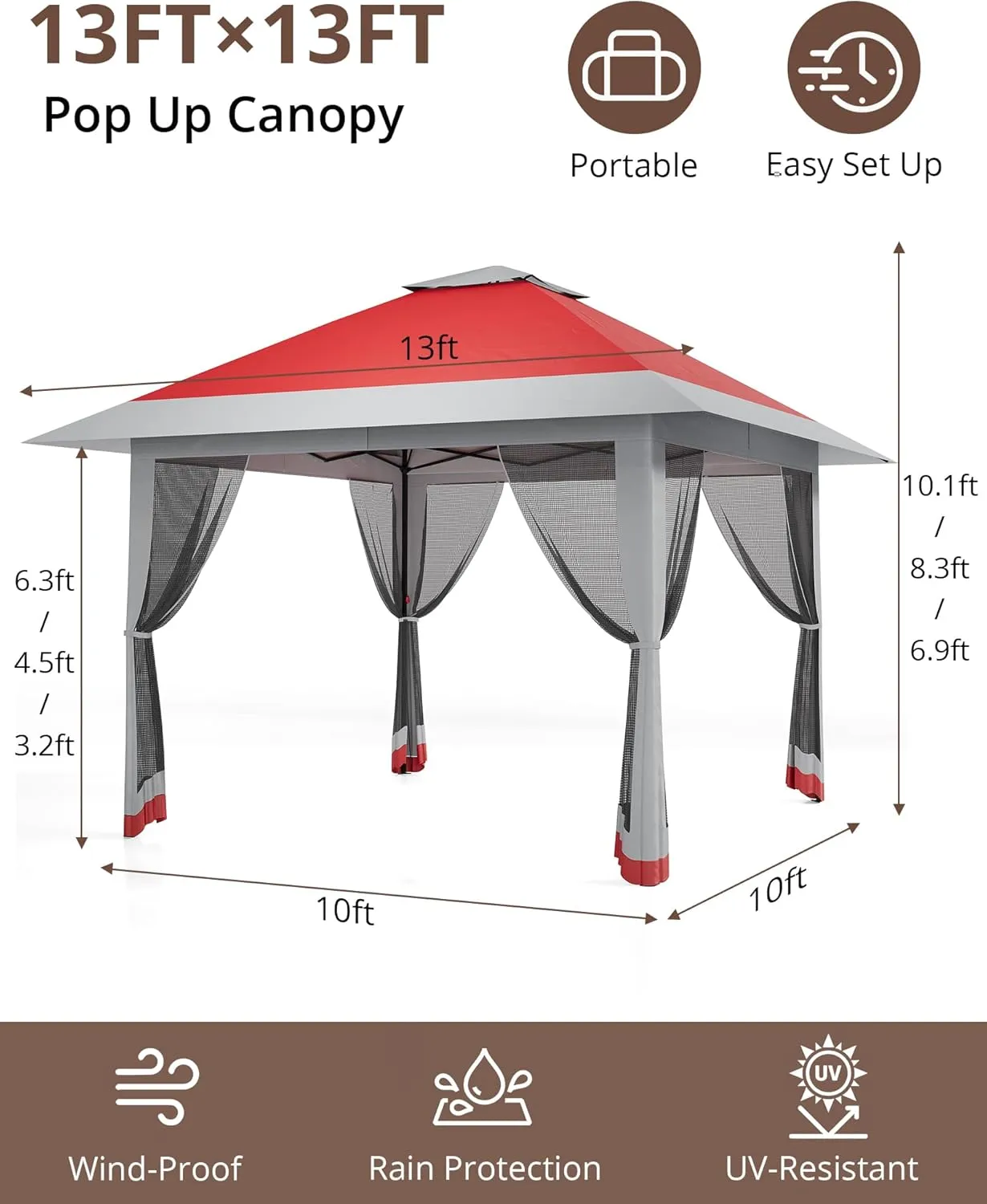 13x13ft Pop Up Gazebo, Outdoor Canopy Tent with Mosquito Netting, Heavy Duty Party Tent Shelter with Waterproof and Ultraviolet Double Roof for Backyard, Garden, Lawn and Deck (Red Gray)
