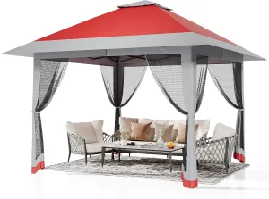 13x13ft Pop Up Gazebo, Outdoor Canopy Tent with Mosquito Netting, Heavy Duty Party Tent Shelter with Waterproof and Ultraviolet Double Roof for Backyard, Garden, Lawn and Deck (Red Gray)