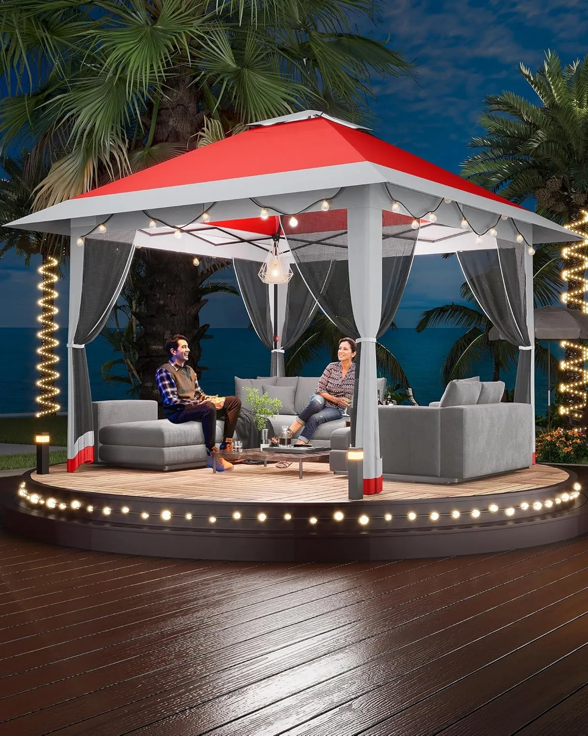 13x13ft Pop Up Gazebo, Outdoor Canopy Tent with Mosquito Netting, Heavy Duty Party Tent Shelter with Waterproof and Ultraviolet Double Roof for Backyard, Garden, Lawn and Deck (Red Gray)