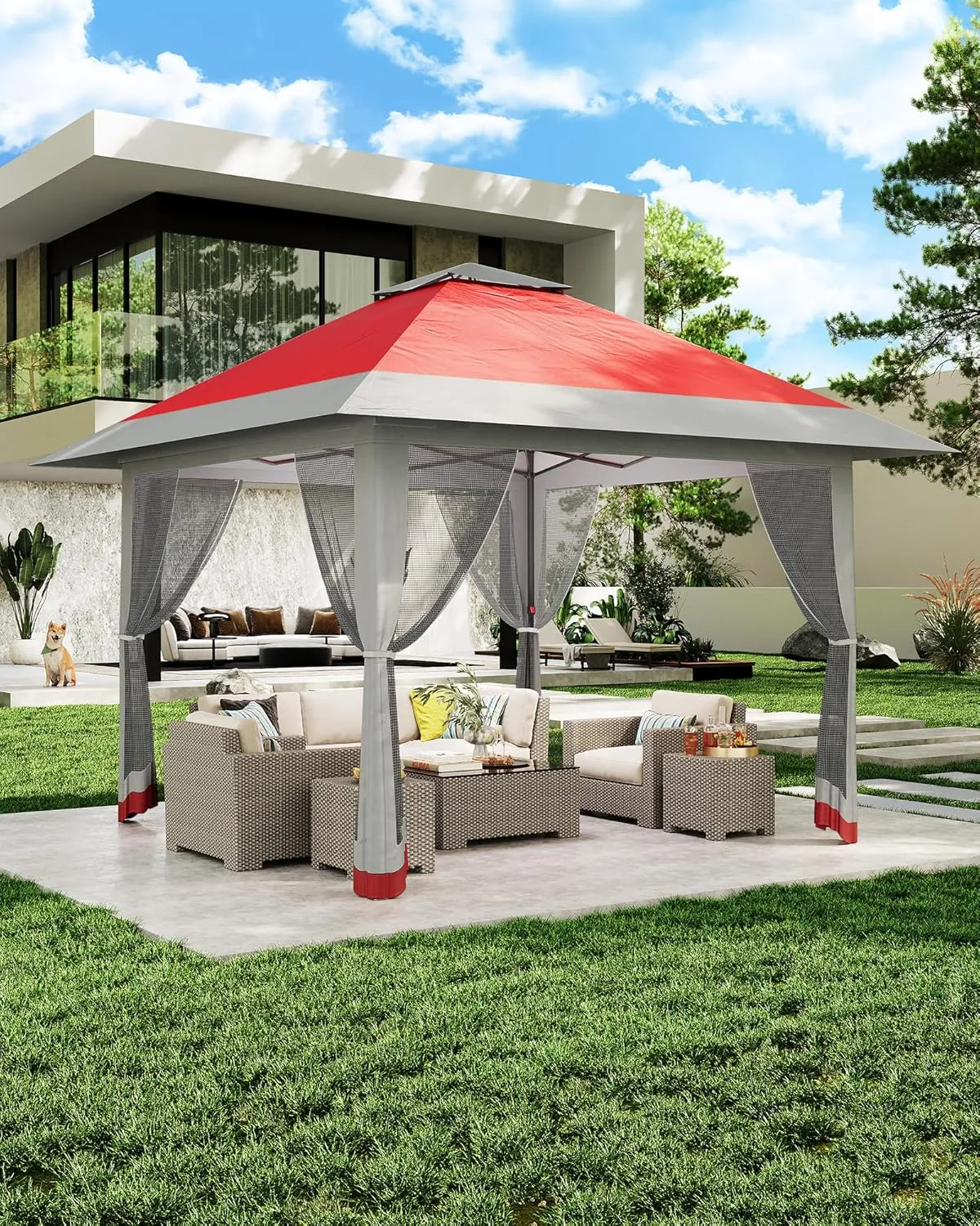 13x13ft Pop Up Gazebo, Outdoor Canopy Tent with Mosquito Netting, Heavy Duty Party Tent Shelter with Waterproof and Ultraviolet Double Roof for Backyard, Garden, Lawn and Deck (Red Gray)