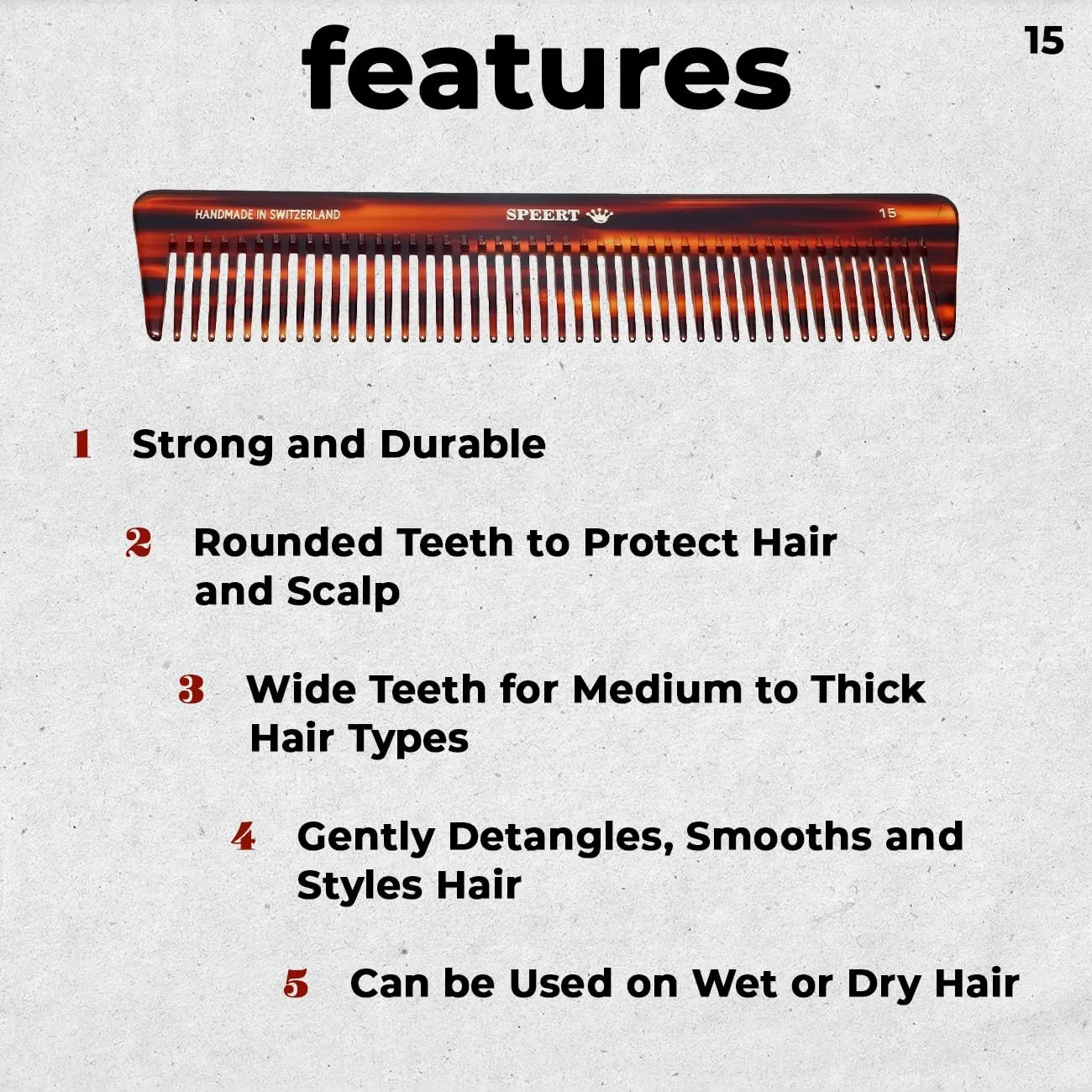 #15 Handmade Wide Tooth Comb Tortoise Havana Acetate Thick Coarse Curly Detangling Parting Grooming Teasing Hair Styling Hairdresser Barber Hairdressing Wet Dry Pocket Travel Women Men Kids