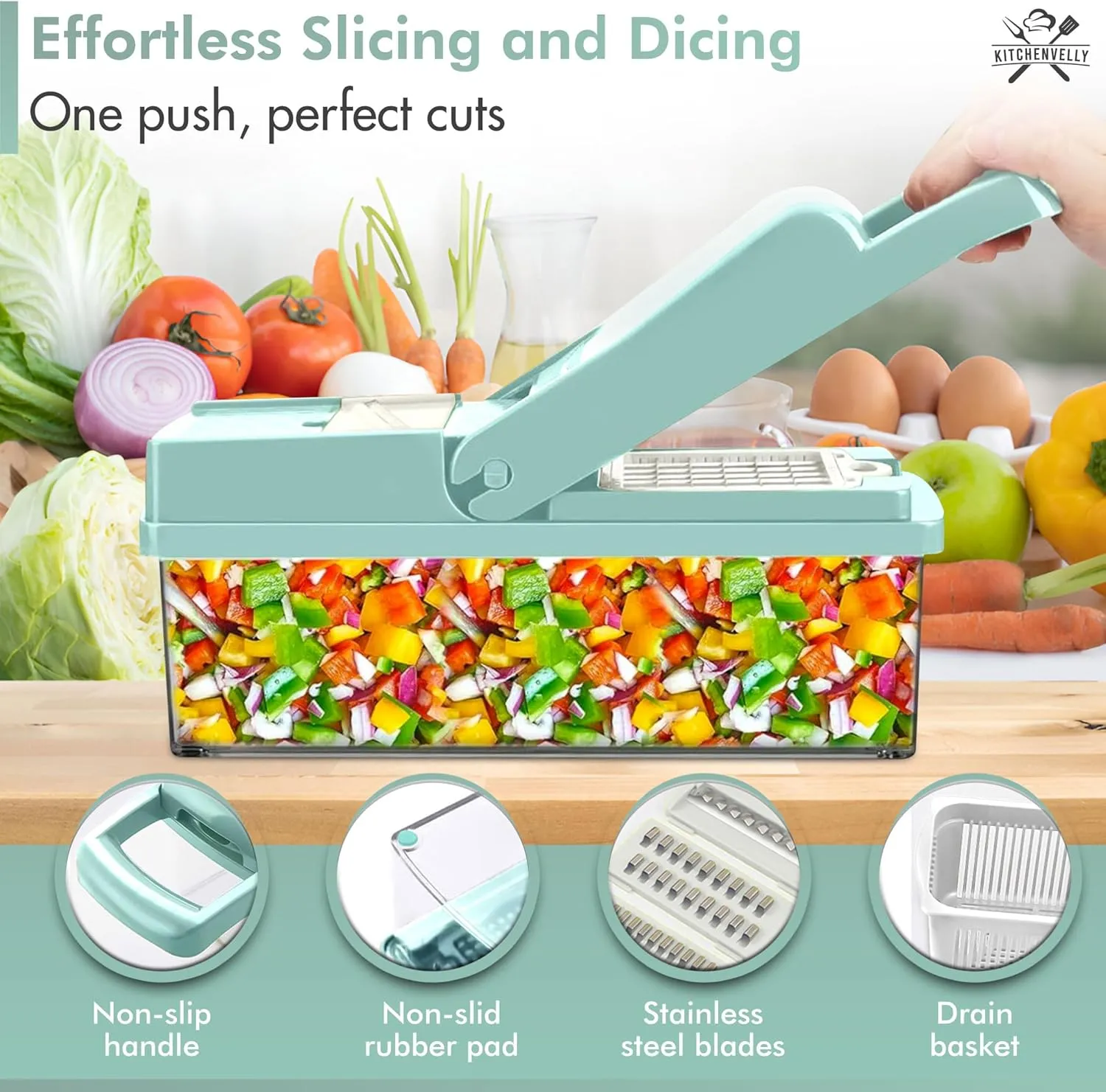 16-in-1 Vegetable Chopper and Slicer with 8 Blades – Veggie Cutter, Dicer, Food Chopper with Container & Lid – Multi-Purpose Kitchen Tool for Easy Meal Prep (Blue)