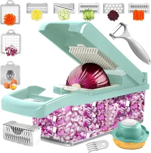 16-in-1 Vegetable Chopper and Slicer with 8 Blades – Veggie Cutter, Dicer, Food Chopper with Container & Lid – Multi-Purpose Kitchen Tool for Easy Meal Prep (Blue)