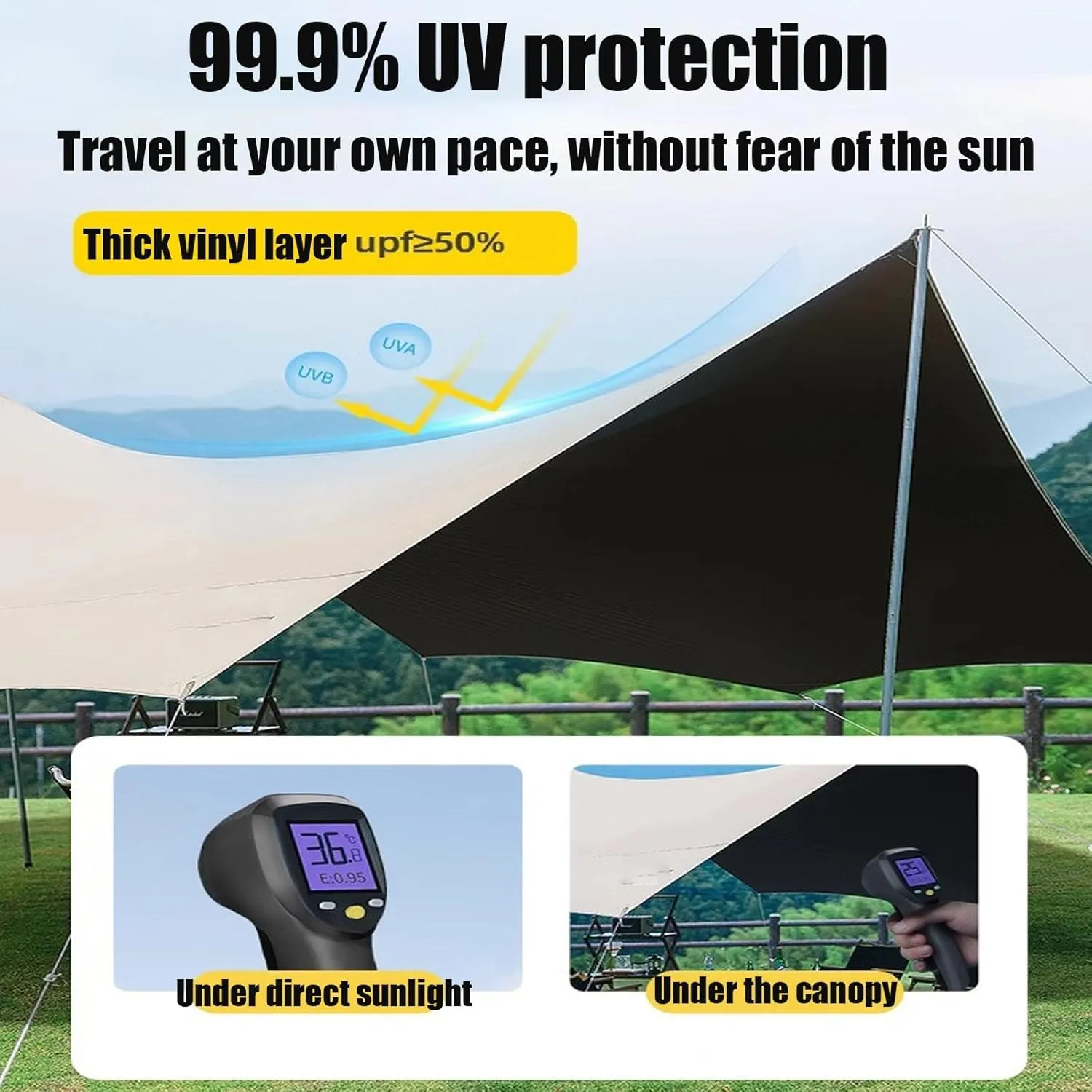18x14ft Waterproof Camping Tarp, 300D Oxford 6000mm PU Waterproof UV Protection Sun Shade Awning Outdoor Backpacking Shelter Canopy(Rice-White,177x173x102inch)