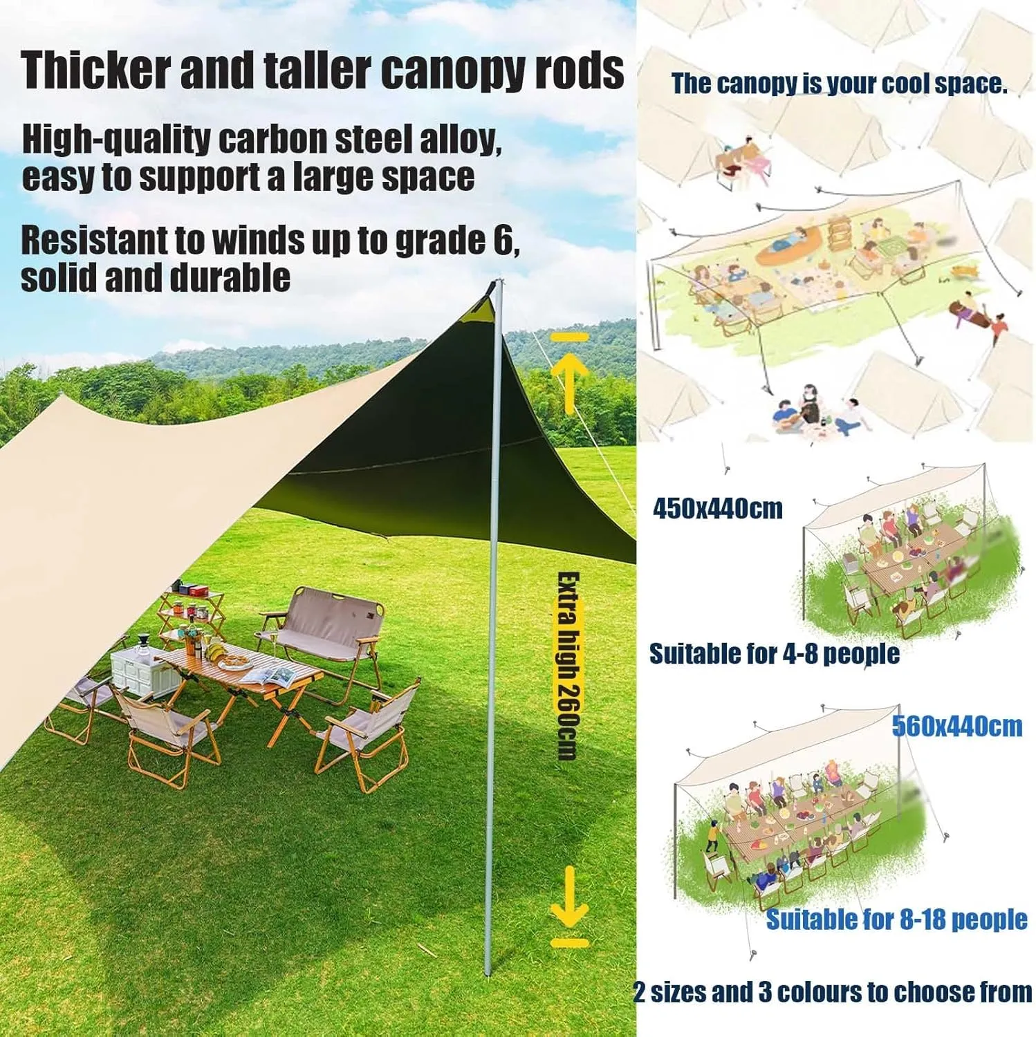 18x14ft Waterproof Camping Tarp, 300D Oxford 6000mm PU Waterproof UV Protection Sun Shade Awning Outdoor Backpacking Shelter Canopy(Rice-White,177x173x102inch)