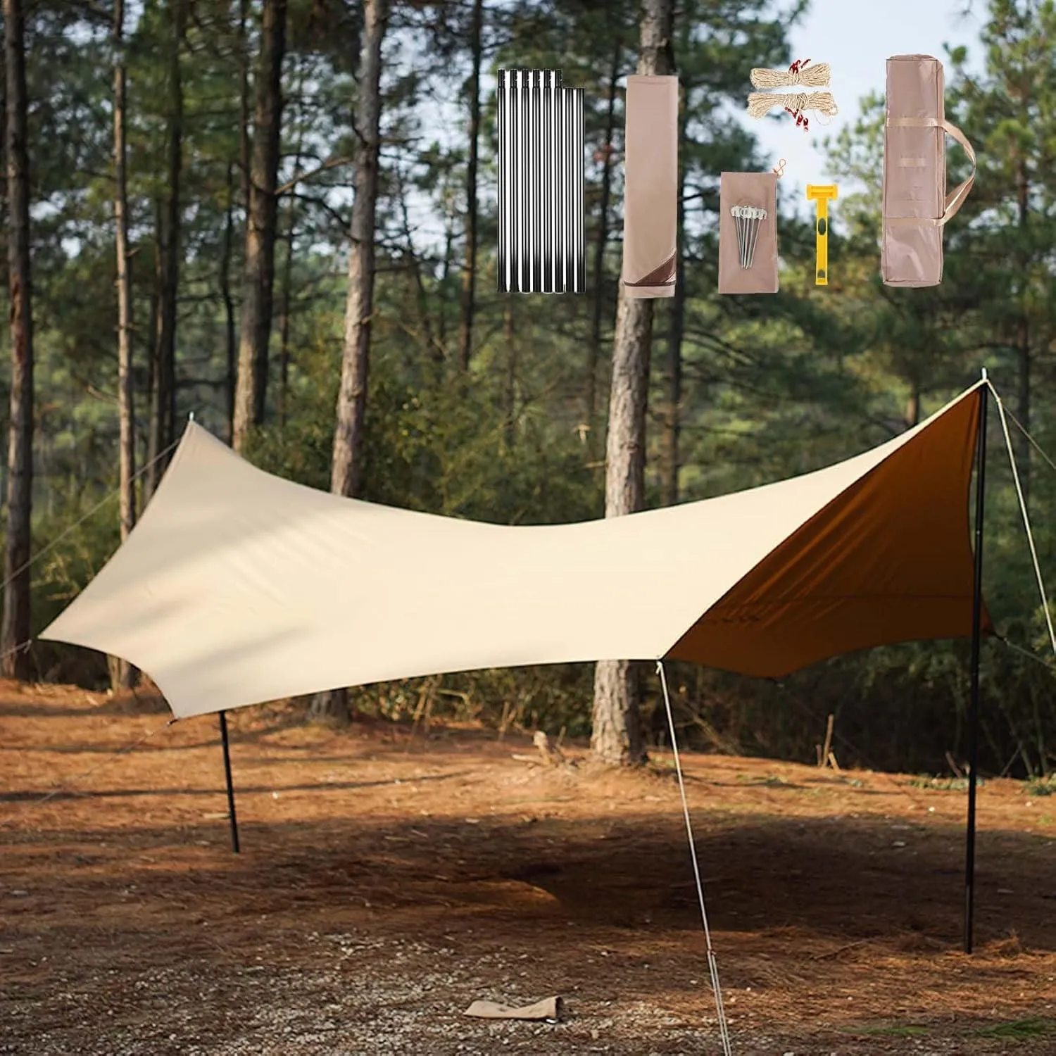 18x14ft Waterproof Camping Tarp, 300D Oxford 6000mm PU Waterproof UV Protection Sun Shade Awning Outdoor Backpacking Shelter Canopy(Rice-White,177x173x102inch)