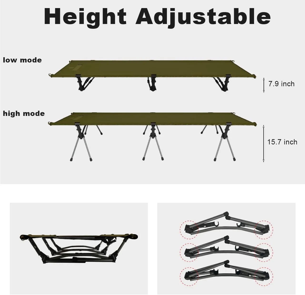 2-in-1 Portable Camping Cot for Adults, Upgrade 1000D Oxford Sturdy Ultralight Height Adjustable Backpacking Cot, Military Camping Bed for Outdoor Camp Travel Hiking Home, Support 330 Lbs (Green, M)