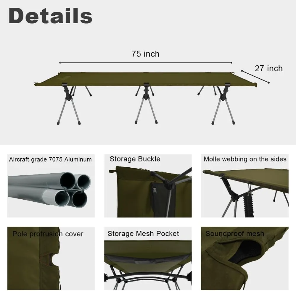 2-in-1 Portable Camping Cot for Adults, Upgrade 1000D Oxford Sturdy Ultralight Height Adjustable Backpacking Cot, Military Camping Bed for Outdoor Camp Travel Hiking Home, Support 330 Lbs (Green, M)