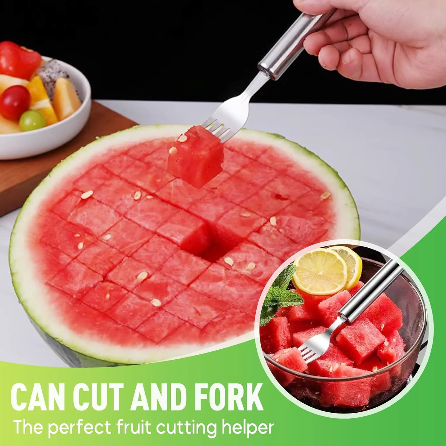 2-In-1 Stainless Steel Fruit Cutter, 2025 New Stainless Steel Watermelon Fork Slicer, Portable Watermelon Slicer Cutter Tool for Family Parties (1)