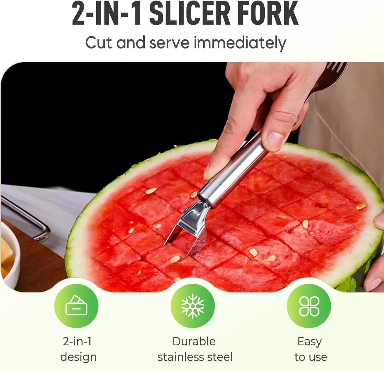 2-In-1 Stainless Steel Fruit Cutter, 2025 New Stainless Steel Watermelon Fork Slicer, Portable Watermelon Slicer Cutter Tool for Family Parties (1)