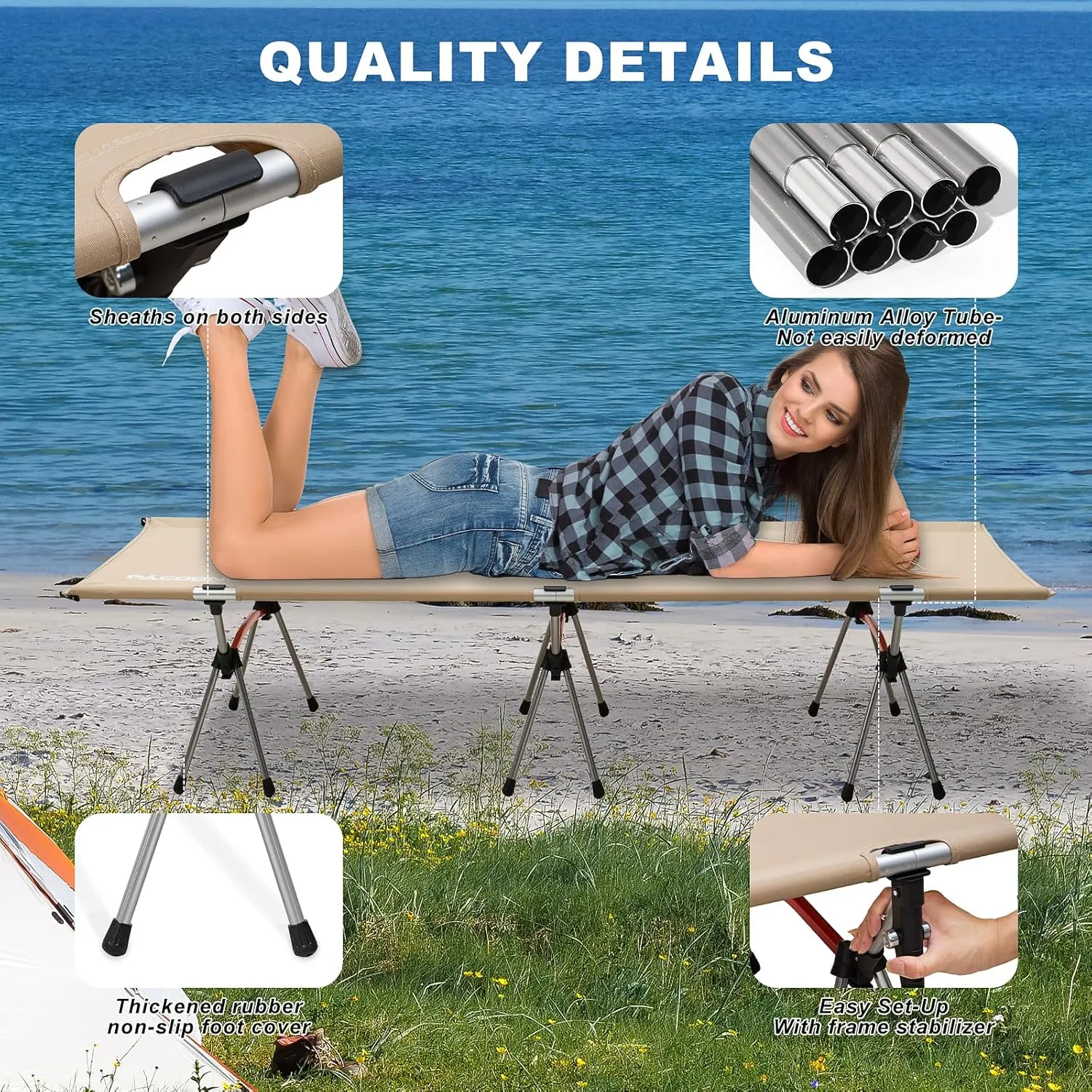 2-in-1 Ultralight Folding Camping Cot with Leg Extenders, Military Camping Cots Bed, Heavy Duty Folding Sleeping Camping Cot for Backpacking Hiking Travel Tent, Support 330 Lbs (Khaki)