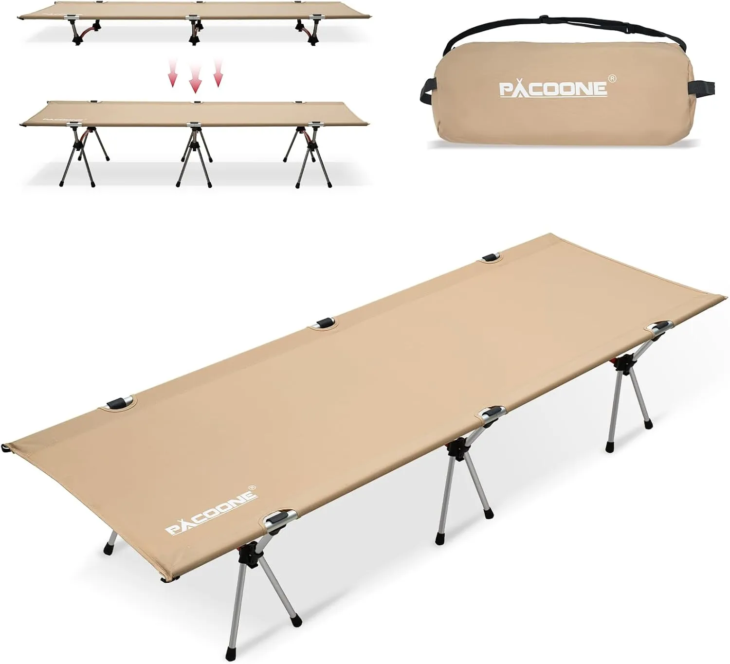 2-in-1 Ultralight Folding Camping Cot with Leg Extenders, Military Camping Cots Bed, Heavy Duty Folding Sleeping Camping Cot for Backpacking Hiking Travel Tent, Support 330 Lbs (Khaki)