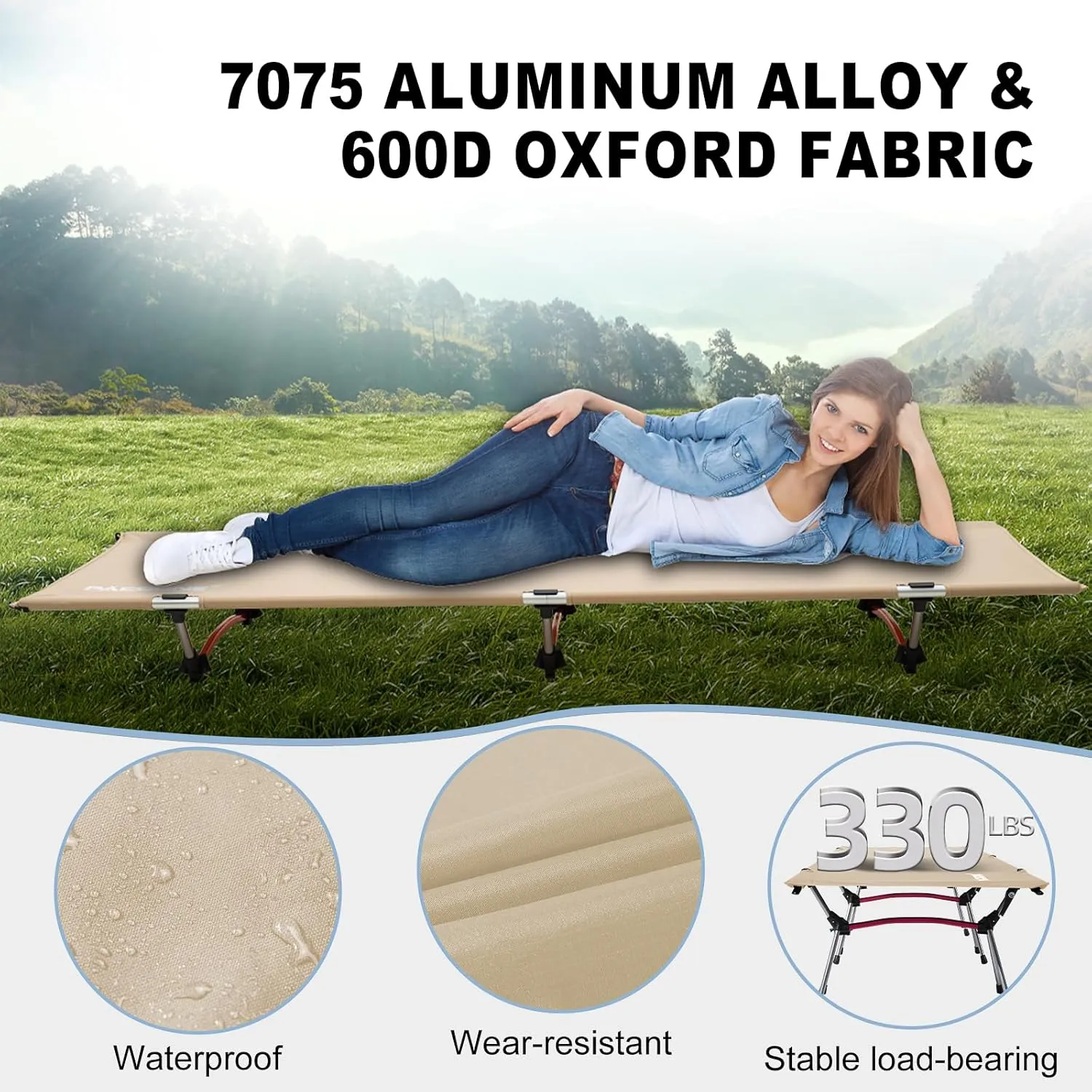 2-in-1 Ultralight Folding Camping Cot with Leg Extenders, Military Camping Cots Bed, Heavy Duty Folding Sleeping Camping Cot for Backpacking Hiking Travel Tent, Support 330 Lbs (Khaki)