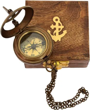 2 Inch Antique Push Button Compass with Anchor Wooden Case Brass Pocket Compass Handmade for Customized for Husband, Birthday. by New Lite Hub. Brown Antique.