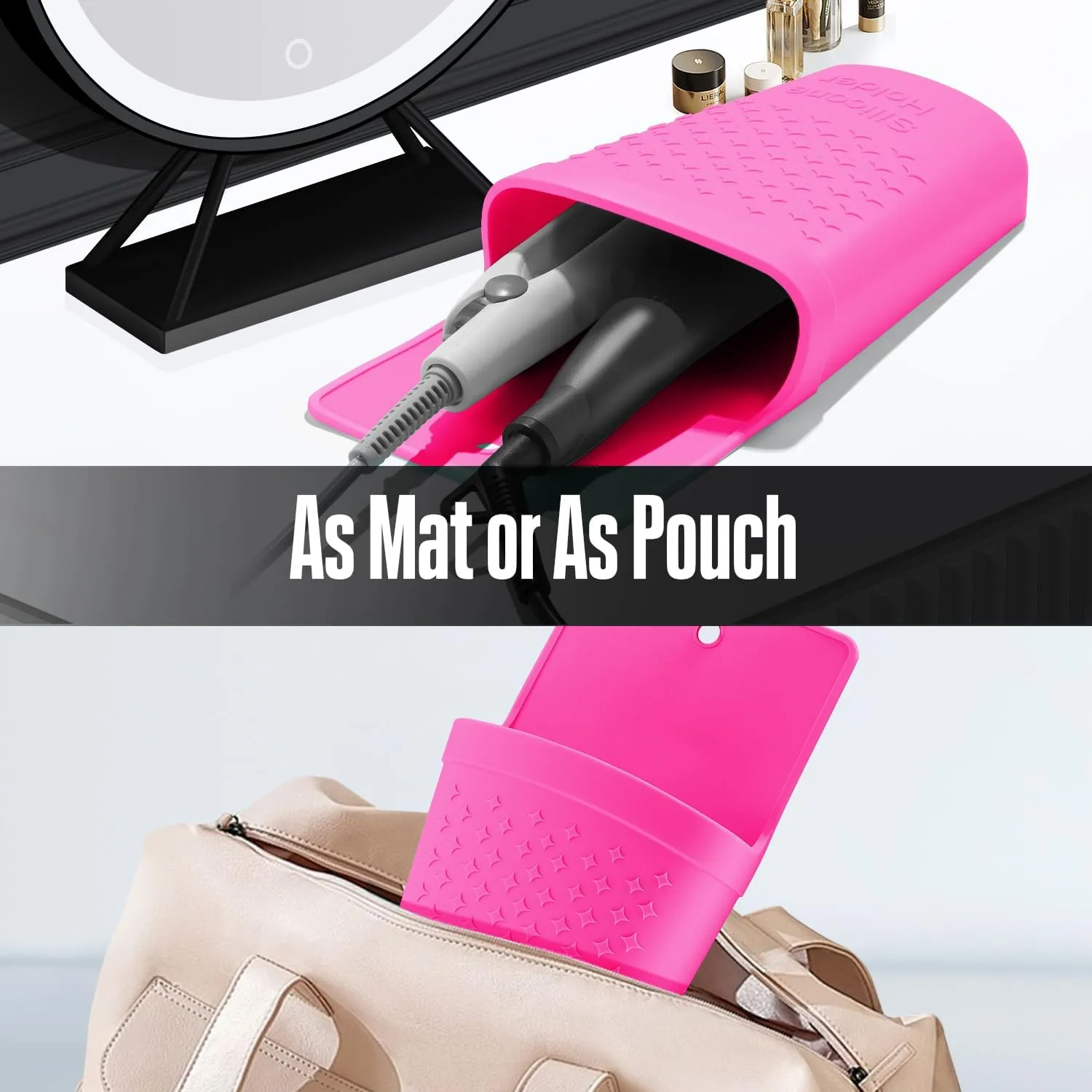 2 Pack Heat Resistant Silicone Hair Iron Mat and Pouch,Portable Travel Hair Straightener Mat and Holder for Hair Styling Tools.(Hot Pink)