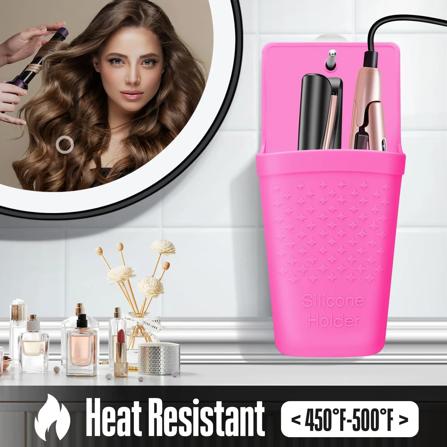 2 Pack Heat Resistant Silicone Hair Iron Mat and Pouch,Portable Travel Hair Straightener Mat and Holder for Hair Styling Tools.(Hot Pink)