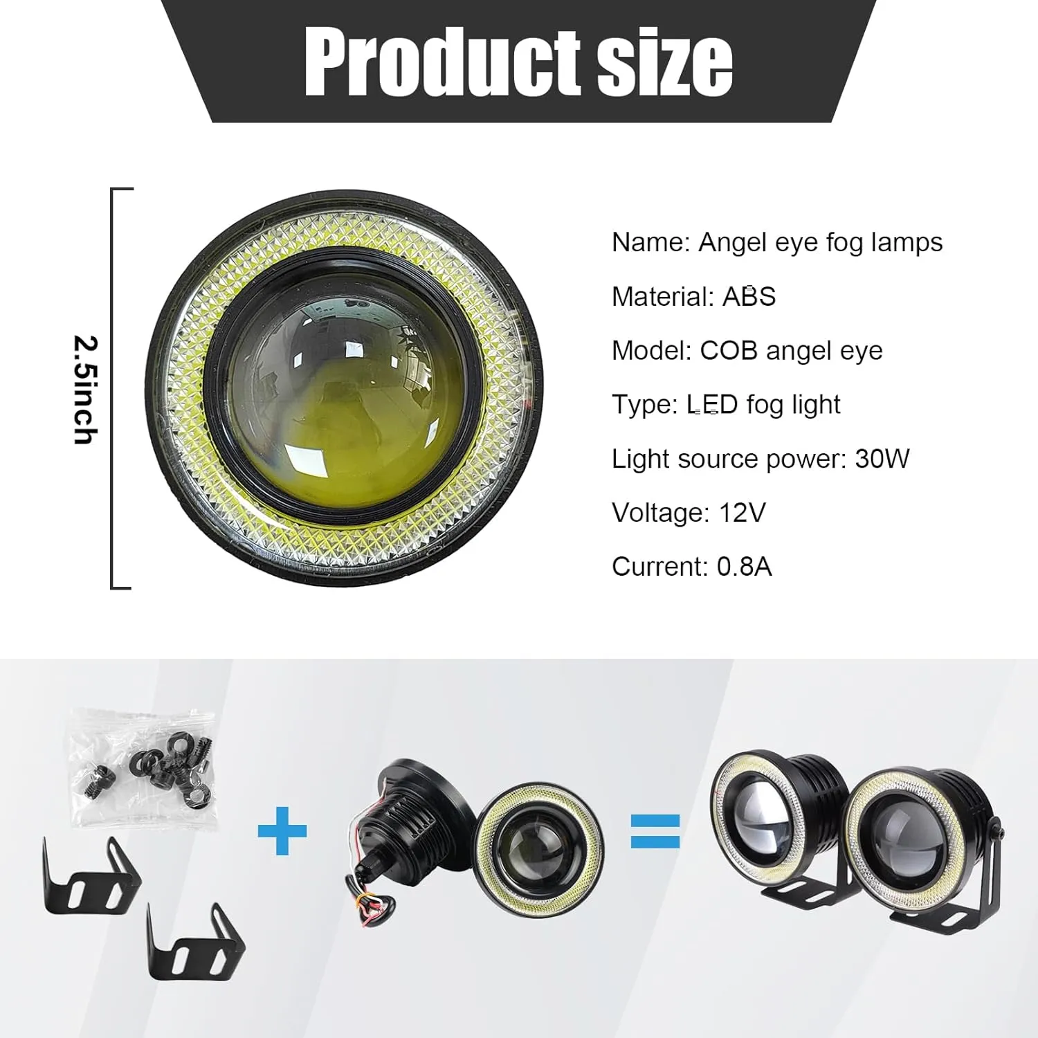 2 PCS Car Angel Eye Fog Light, 2.5'' Round COB LED Super Bright High Power Fog Angel Eye Projector with Halo Rings, Universal DRL Daytime Driving Light Fog Lamp Bulbs (Ice Blue)