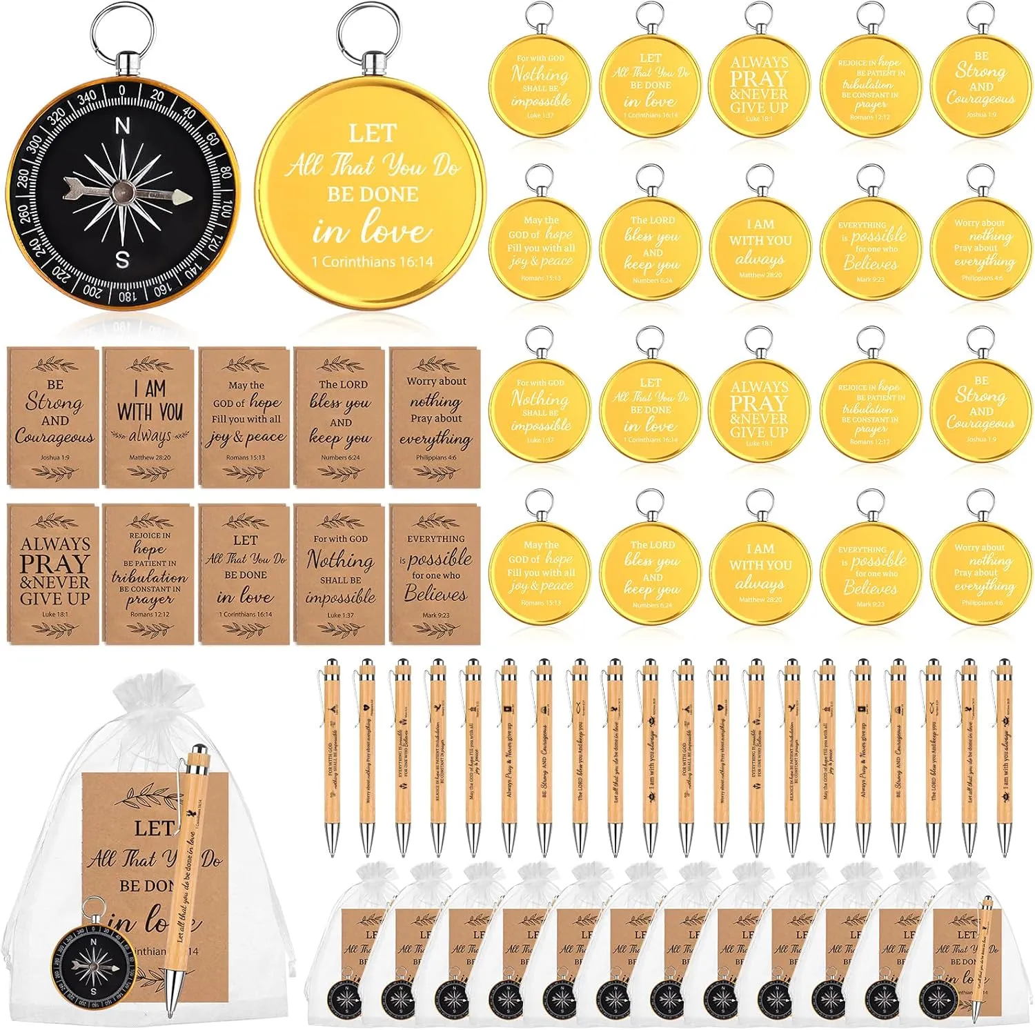 20 Set Father's Day Christian Gift for Men Bulk Bible Verses Compass Camping Survival Pocket Compass with Pocket Notebooks Religious Scripture Bamboo Pens for Church Sunday School Graduation Hiking