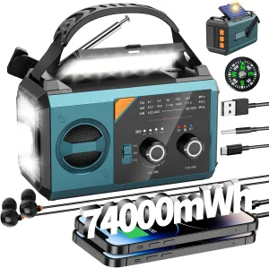 20000mAh/74000mWh Emergency Radio with NOAA Weather Alert, Emergency Hand Crank Weather Radio Portable AM/FM/NOAA Solar Radio with Compass SOS&Flashlight for Survival and Camping/Home (Blue)