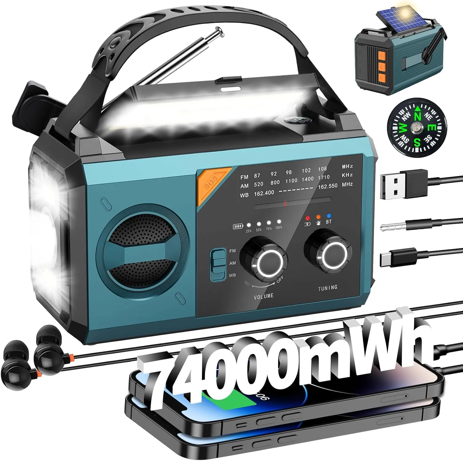 20000mAh/74000mWh Emergency Radio with NOAA Weather Alert, Emergency Hand Crank Weather Radio Portable AM/FM/NOAA Solar Radio with Compass SOS&Flashlight for Survival and Camping/Home (Blue)