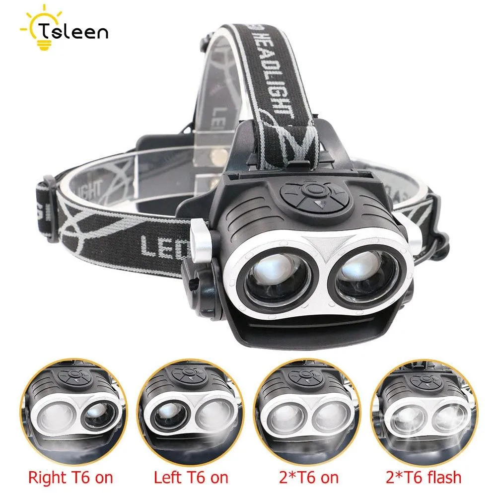 2000Lumnes LED Headlight 2*CREE XML T6 Zoomable Headlamp Waterproof Head Lamp USB Rechargeable Lantern Light With 18650 Battery