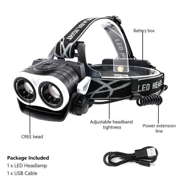 2000Lumnes LED Headlight 2*CREE XML T6 Zoomable Headlamp Waterproof Head Lamp USB Rechargeable Lantern Light With 18650 Battery