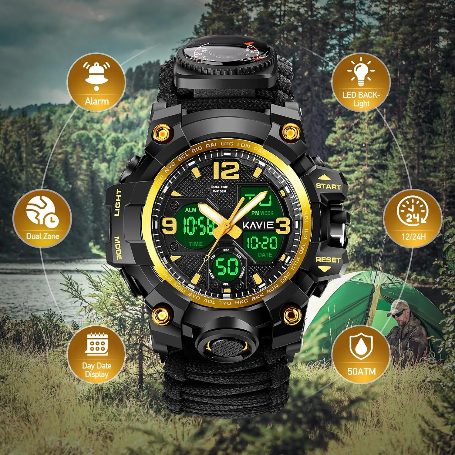 23-in-1 Survival Military Digital Watch, Mens Tactical Multi-Functional and Adjustable Wristband Outdoors Waterproof Sports Watches with Compass Paracord Band