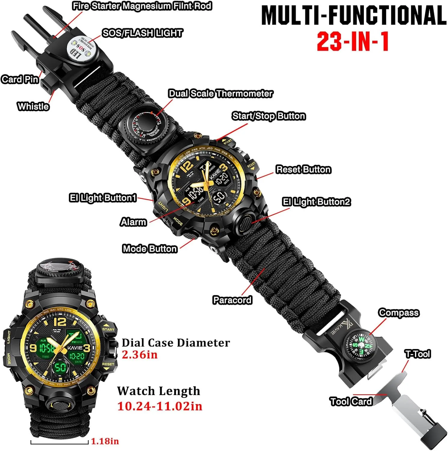 23-in-1 Survival Military Digital Watch, Mens Tactical Multi-Functional and Adjustable Wristband Outdoors Waterproof Sports Watches with Compass Paracord Band