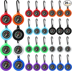 24 Pcs Compass for Kids Bulk Carabiner Compass Pocket Compass Small Compass Keychain Military Camping Compass Mini Compass for Outdoor Hiking Camping Hunting Climbing Party