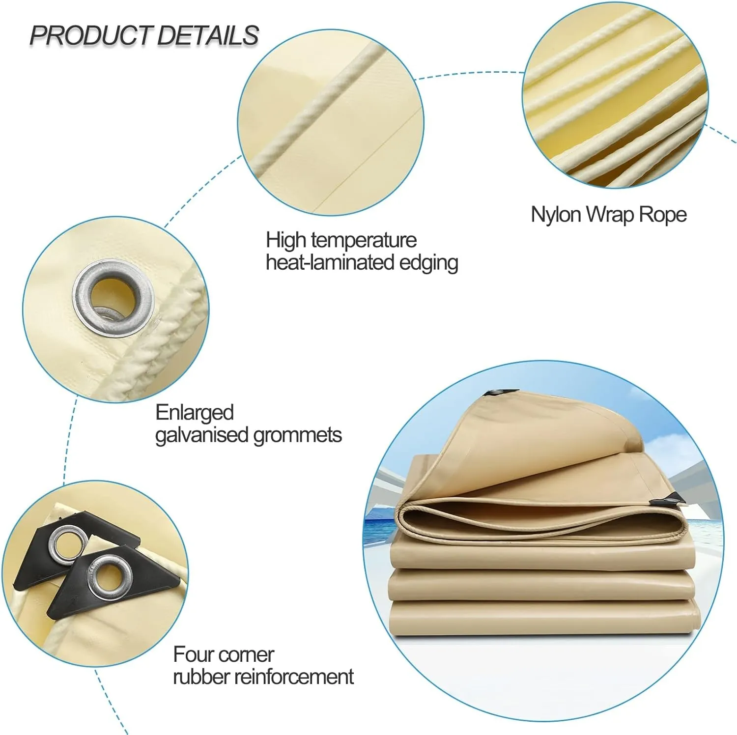 2mx2m/2mx3m/2mx4m/3mx3m Beige Heavy Duty Tarpaulin Sheet 500g/㎡ with Metal Grommets Canopy Tent for Rain Shelter, Camping, Outdoor and Pool Ground Sheet Tarps Cover(1.5x6m)