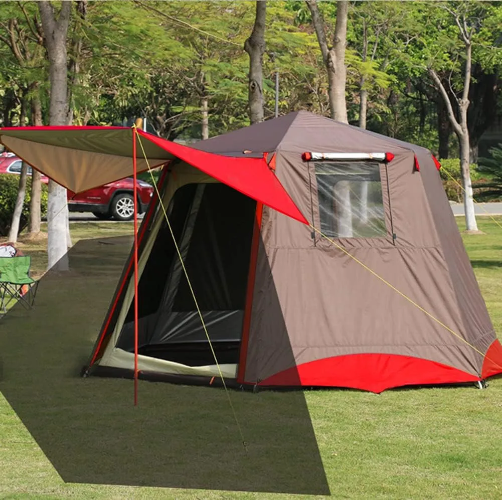 3-4 Person Automatic Tent with Porch Camping Pop Up Tent with 2 Door and 2 Windows Double Layer Instant Family Tent for Camping Outdoor Hiking, Red