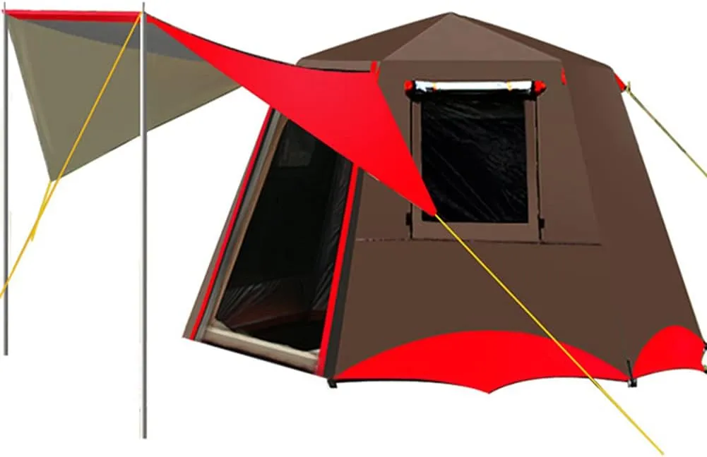 3-4 Person Automatic Tent with Porch Camping Pop Up Tent with 2 Door and 2 Windows Double Layer Instant Family Tent for Camping Outdoor Hiking, Red