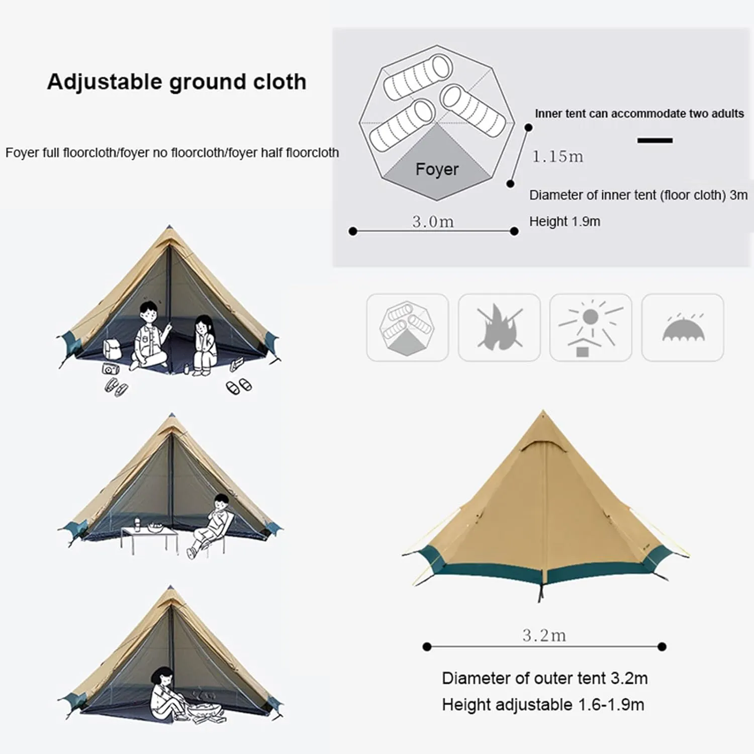 3-4 Person Camping Tent 4 Seasons Tipi Hot Tent Easy Up, Height 1.6-1.9m, Diameter 3.2m, for Wood Buring Stove Bushcraft Family Camping Hunting Fishing