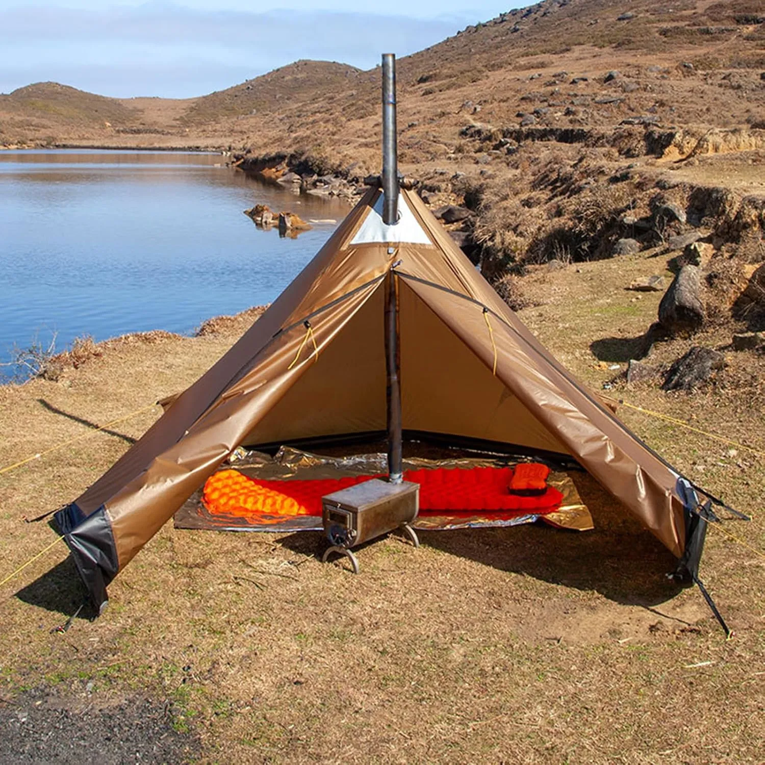 3-4 Person Camping Tent 4 Seasons Tipi Hot Tent Easy Up, Height 1.6-1.9m, Diameter 3.2m, for Wood Buring Stove Bushcraft Family Camping Hunting Fishing