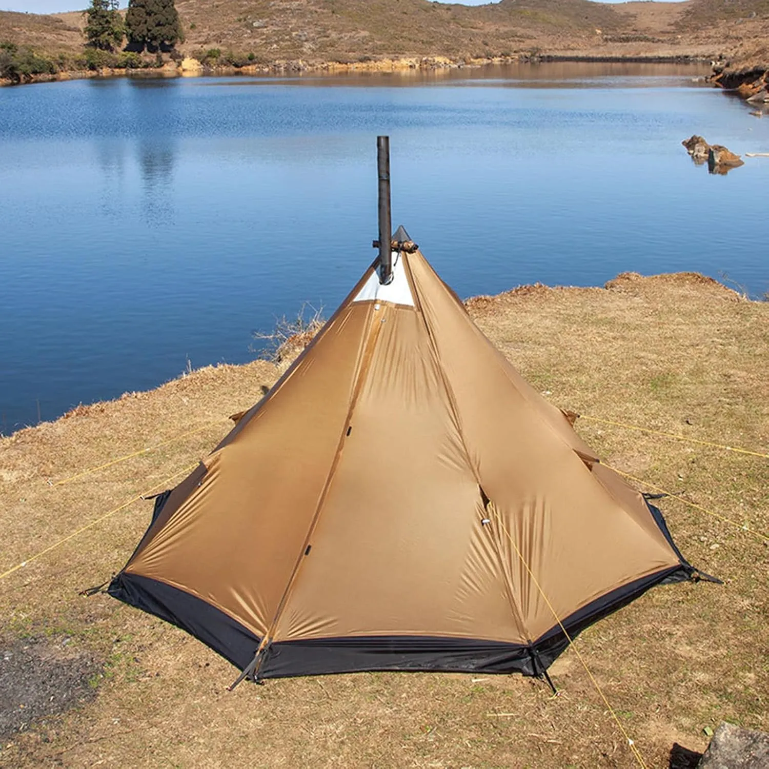 3-4 Person Camping Tent 4 Seasons Tipi Hot Tent Easy Up, Height 1.6-1.9m, Diameter 3.2m, for Wood Buring Stove Bushcraft Family Camping Hunting Fishing