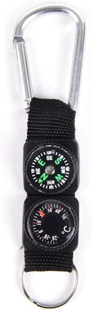 3-in-1 Black Compass, Thermometer, and Key Ring with Carabiner – Multi-Tool for Camping, Hiking, Cycling, and Outdoor Activities