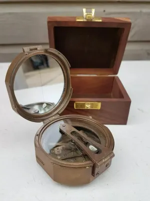 3 Inch Antique Brass Compass with Wooden Box Vintage Nautical Maritime Compass for Hiking, Camping, and Collectors