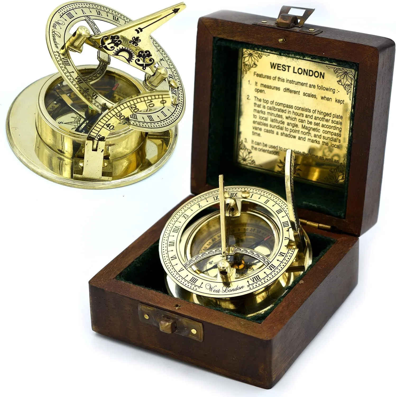 3 inch Nautical Brass Marine Sundial Compass, with Wooden Box. Portable, Decoration & Display, Clock, Compass Sundial Clock in Box Gift Sun Clock Ship Replica Watch,Ship Decorations