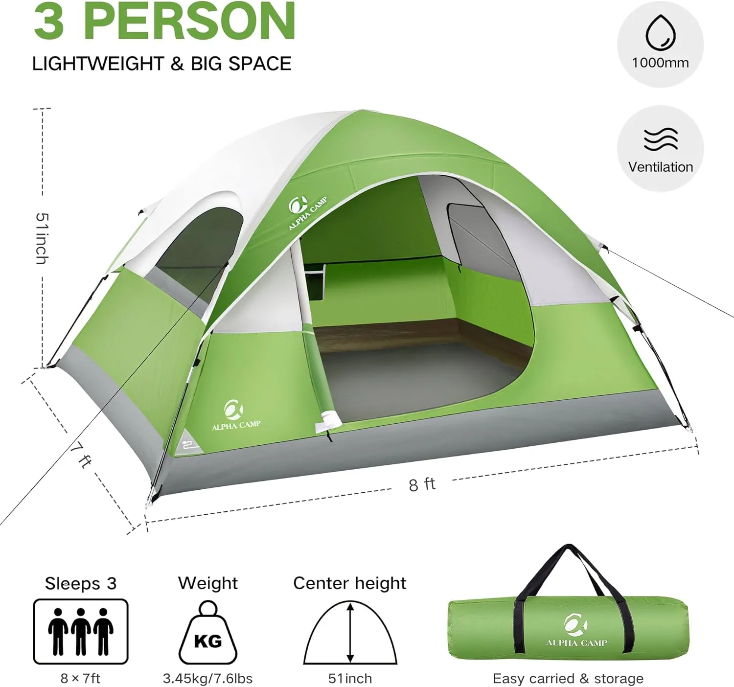 3 Person Backpacking Tent,Portable Lightweight Waterproof Windproof Easy Setup Backpacking Tent,Great for Camping Hiking Mountaineering