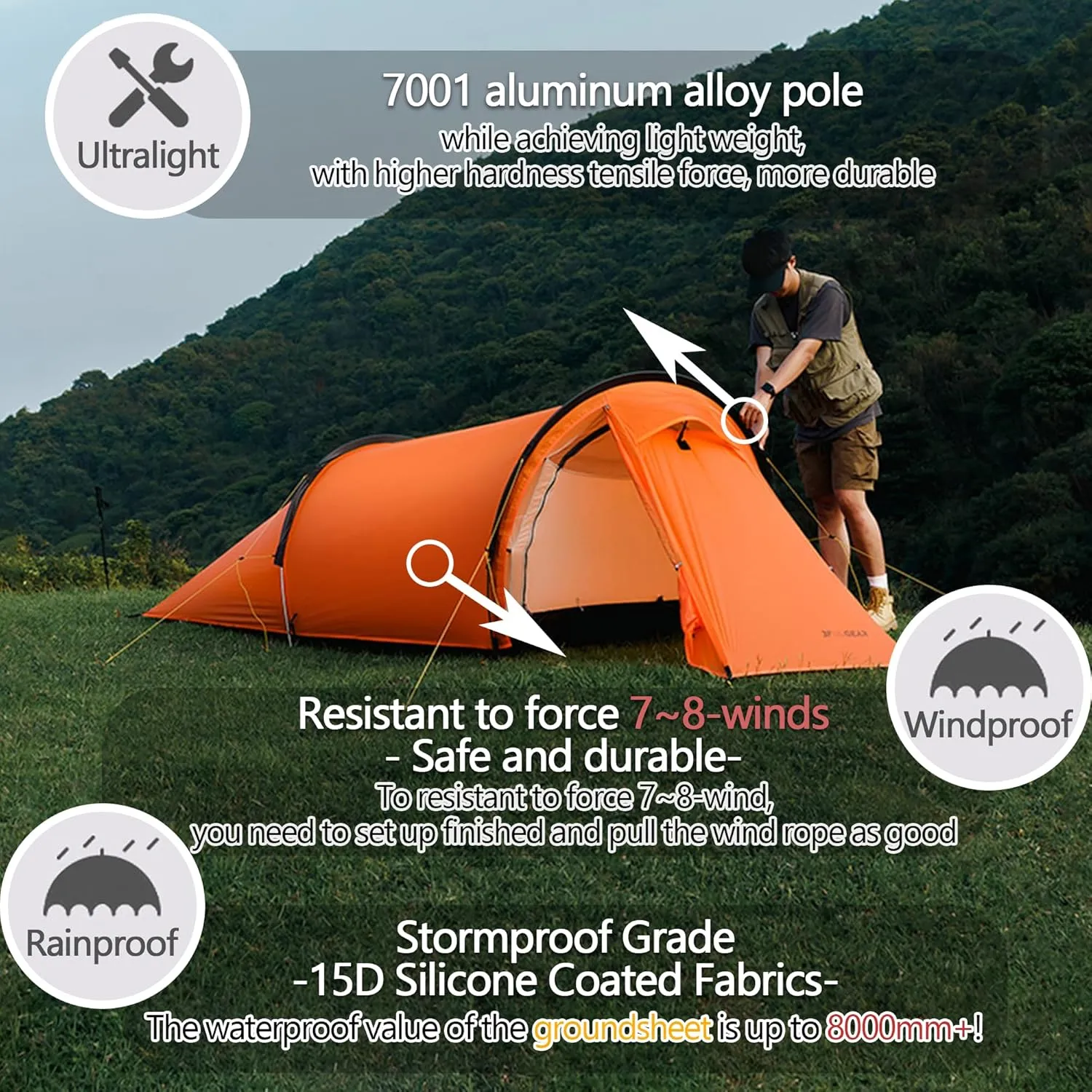 3F UL Gear 1/2 Person Ultralight Camping Tent- Windproof Category 7~8 - Rainproof Groundsheet(PU8000mm )- 3/4 Season Tent with Expanded Foyer for Outdoor Hiking Mountaineering Travel